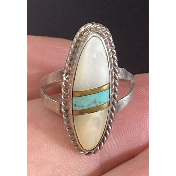 Native American SJ Sterling Silver Turquoise MOP Ring Size 6 - Picture 2 of 5